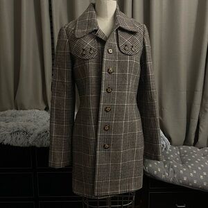 Vintage 80s black brown plaid wool tweed coat with button front and pockets